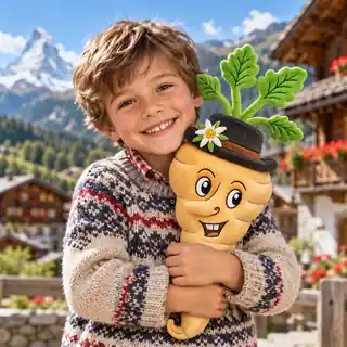 A smiling child hugging a Peter Parsnip plush
