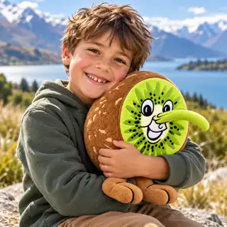 A smiling child hugging a Piripi Kiwi plush