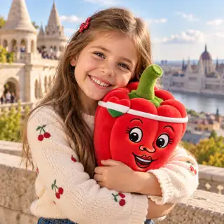 A smiling child hugging a Piroska Pepper plush