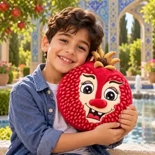 A smiling child hugging a Pouri Pomegranate plush