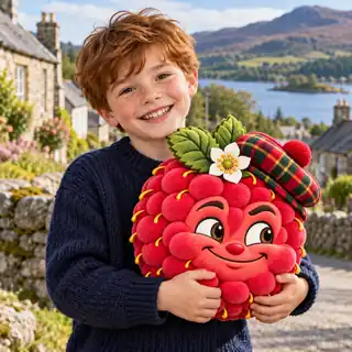 A smiling child hugging a Rory Raspberry plush