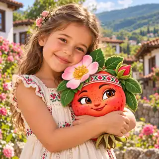 A smiling child hugging a Rosa Rosehip plush