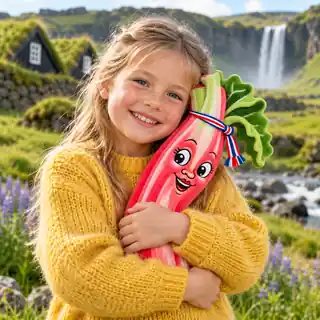 A smiling child hugging a Saga Rhubarb plush