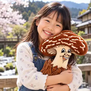 A smiling child hugging a Saki Shiitake plush