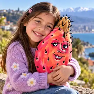 A smiling child hugging a Saloma Sabra Fruit plush
