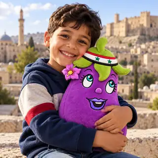 A smiling child hugging a Samira Eggplant plush