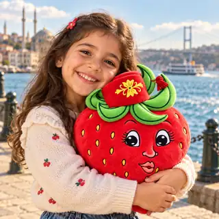 A smiling child hugging a Selma Strawberry plush