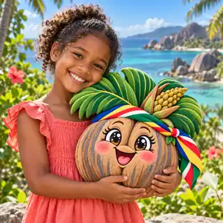 A smiling child hugging a Seyla Coco de Mer plush