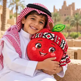 A smiling child hugging a Sidra Jujube plush