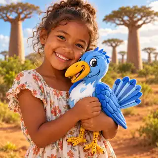 A smiling child hugging a Sojourner plush