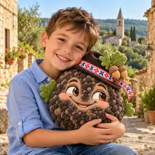 A smiling child hugging a Toni Truffle plush
