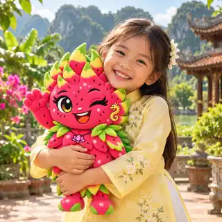 A smiling child hugging a Trúc Dragon Fruit plush
