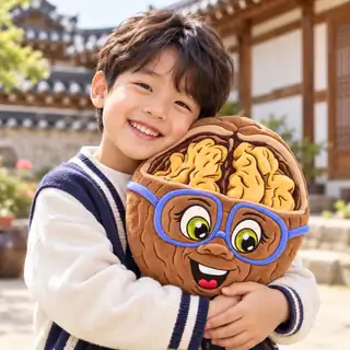 A smiling child hugging a Wendy Walnut plush