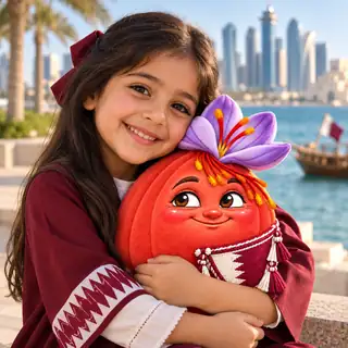 A smiling child hugging a Zafar Saffron plush