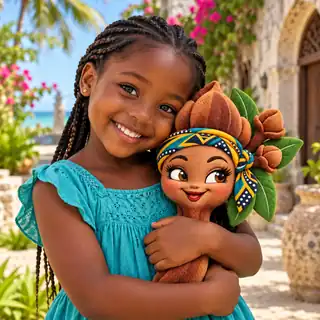 A smiling child hugging a Zena Clove plush