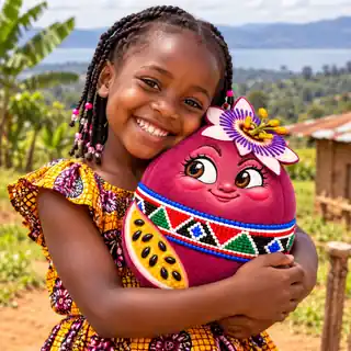 A smiling child hugging a Zuri Passion Fruit plush